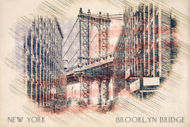 Brooklyn Köprüsü, New York, Manhattan. Binaları, yolları, köprüsü ve şehir manzarası olan bir şehir. Kartpostal tasarımı. Çizim