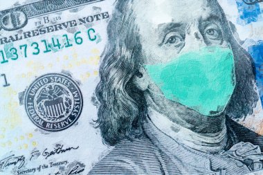 Benjamin Franklin With Worried and Concerned Expression Wearing Medical White  Face Mask On One Hundred Dollar Bill. Painting