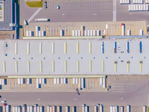 Aerial Shot Industrial Loading Area Many Trucks Unloading Merchandis — Stock Photo, Image