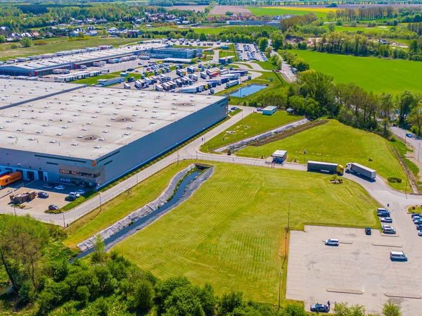 Luchtfoto Van Magazijn Opslagplaatsen Industriële Fabrieks Logistiek Centrum Van Bovenaf — Stockfoto