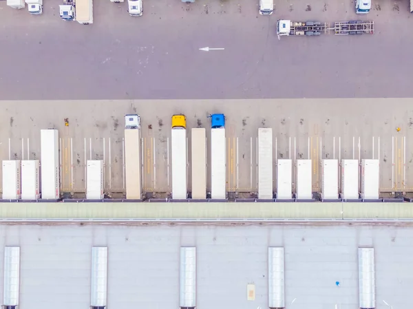 Aerial View Colorful Trucks Terminal Waiting Unloading Top View Logistics — Stock Photo, Image