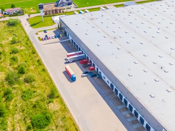 Aerial View Logistics Park Warehouse Loading Hub Many Semi Trucks — стоковое фото