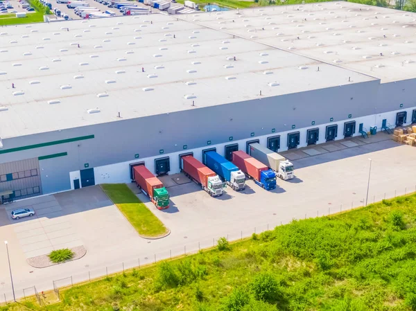 Aerial View Logistics Park Warehouse Loading Hub Many Semi Trucks — Fotografia de Stock
