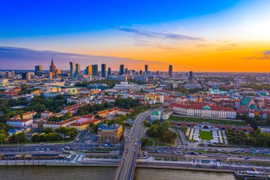 Panorama of Old Town and downtown of Warsaw from drone perspective during sunset