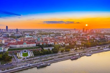 Panorama of Old Town and downtown of Warsaw from drone perspective during sunset