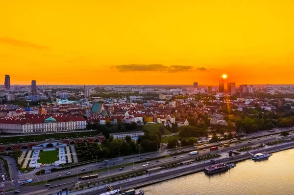 Panorama of Old Town and downtown of Warsaw from drone perspective during sunset