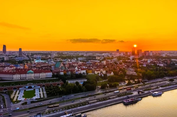Kilátás Óvárosra Varsó Belvárosára Drónperspektívából Naplemente Idején — Stock Fotó