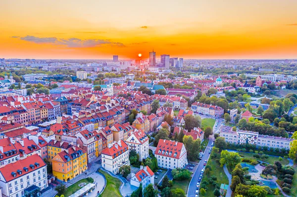 Gyönyörű Panorámás Légi Drón Skyline Naplemente Kilátás Nyílik Varsói Városközpontra — Stock Fotó