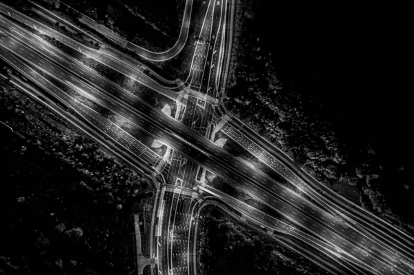 Megacity Highway Night Light Trails Shanghai China Black White — Fotografia de Stock