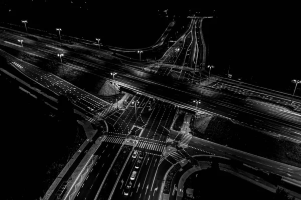 Road Beautiful Aerial View Busy Intersection Night Top View — Stockfoto