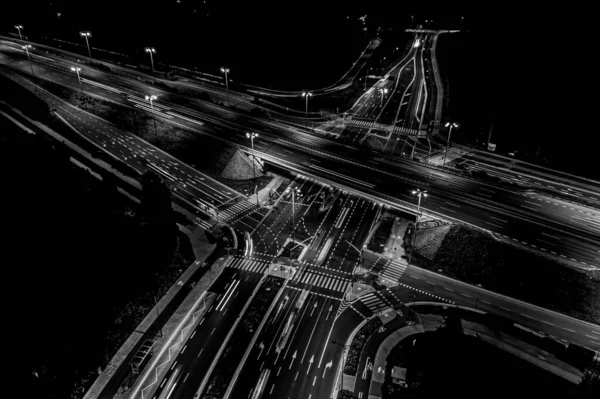 Road Beautiful Aerial View Busy Intersection Night Top View — Stockfoto