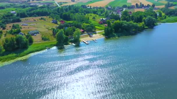 Epic Top Aerial View Big Lake Clear Blue Water Reflection — Stock Video