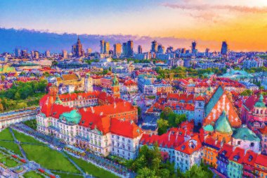 Varşova Şehri 'nin gökdelenleri ve Varşova' nın pazar meydanı ve bir deniz kızı heykeli, Polonya, AB