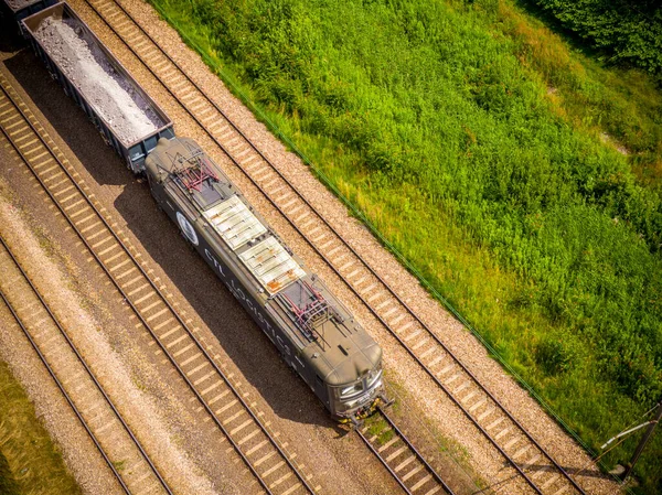 Aerial View Freight Train Wagons Large Railway Track Field Concept — ストック写真