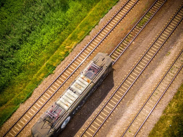 Aerial View Freight Train Wagons Large Railway Track Field Concept — Φωτογραφία Αρχείου