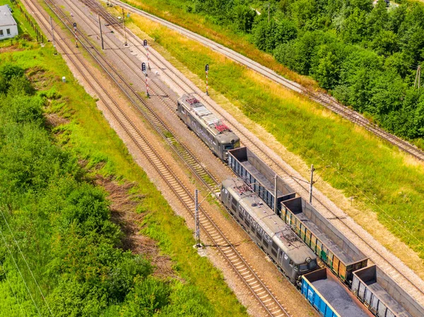 Aerial View Freight Train Wagons Large Railway Track Field Concept — Foto Stock