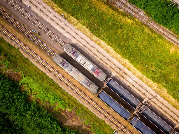 Aerial View Freight Train Wagons Large Railway Track Field Concept — Stok fotoğraf