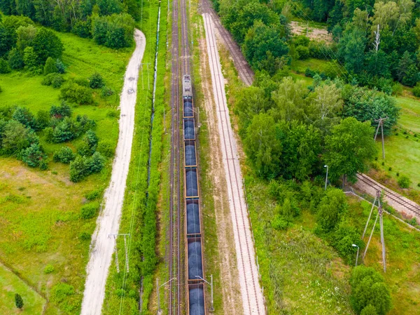 Aerial View Freight Train Wagons Large Railway Track Field Concept — Foto Stock