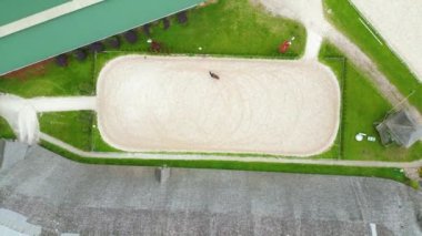 Spor binicisinin üzerinde uçmak, karanlık körfez hadım gösterisi yapmak, çitlerin üzerinden atlamak, büyük profesyonel kumlu park binicilik sahasında engeller. Atlılar atlama disiplininde yarışıyor.