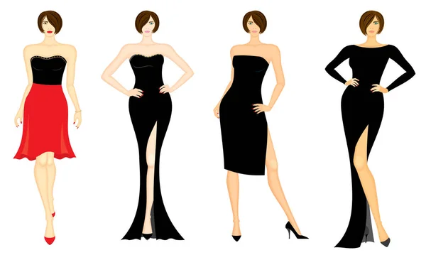 Мода Иллюстрация Женских Моделей Вечернем Коктейльном Нарядах Вектор Набора Цветов Лицензионные Стоковые Векторы