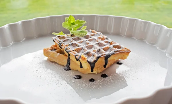 Crispy Bakery Baked Pastry Chocolate Belgium Sugar Fruit Waffles Delicious Meal Syrup Morning Tasty Food Golden Fresh Dessert Gourmet White Belgian Wafer Background Plate Breakfast Healthy Waffle Homemade Snack Sweet