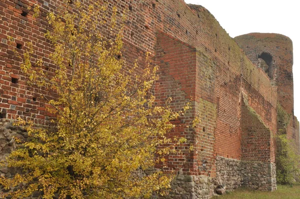 Castle Ruins Kolo Destroyed Towers Defensive Walls Made Red Brick — Stock Photo, Image