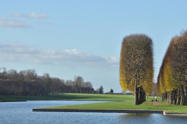 Versal, bahçe. Yol sonbaharda ağaçlarla kaplanmış. Düşer, sararır ve turuncu yapraklar.