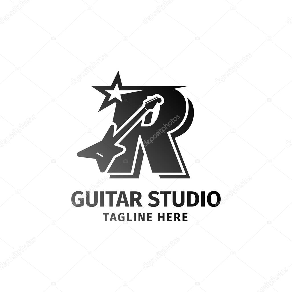 Letter R electric guitar and star decoration vector logo design element