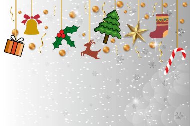 Noel motifli arka plan, köknar ağacı, hediyeler, şeker kamışı, yıldız, kar taneleri, çanlar, Noel hediyeleri için özel