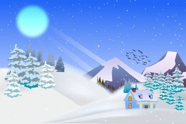 Winter landscape, snowy mountains, with house in the foreground with fireplace. Snowflakes