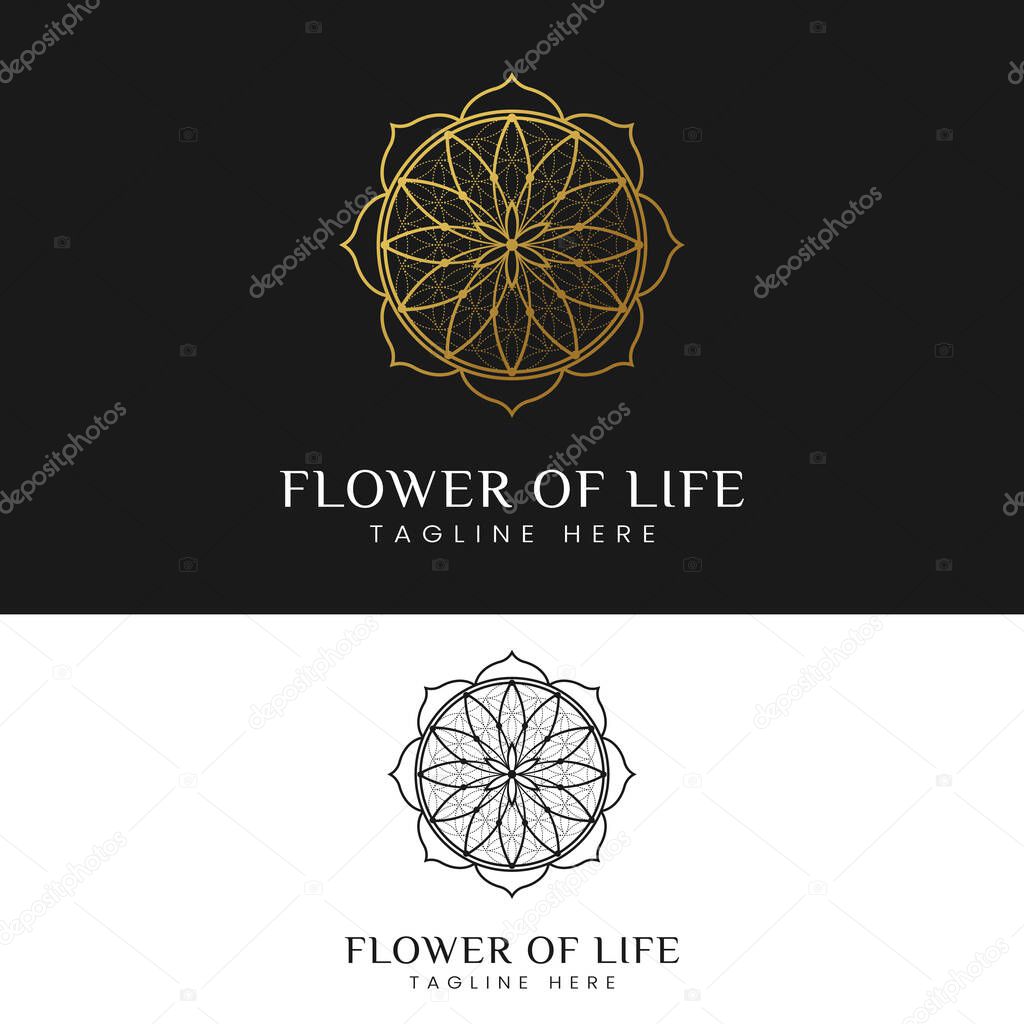 Luxury Elegant Sacred Geometry Flower of Life Logo Design Template. Suitable for Healthcare Medicine Yoga Studios or Spritual Awakening in Simple Line Style Logo Design.