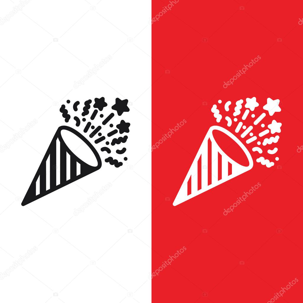 Christmas Xmas Party Popper Vector icon in Glyph Style with Confetti or small pieces or streamers of paper usually thrown at celebrations, especially parades and weddings. Vector illustration icons.
