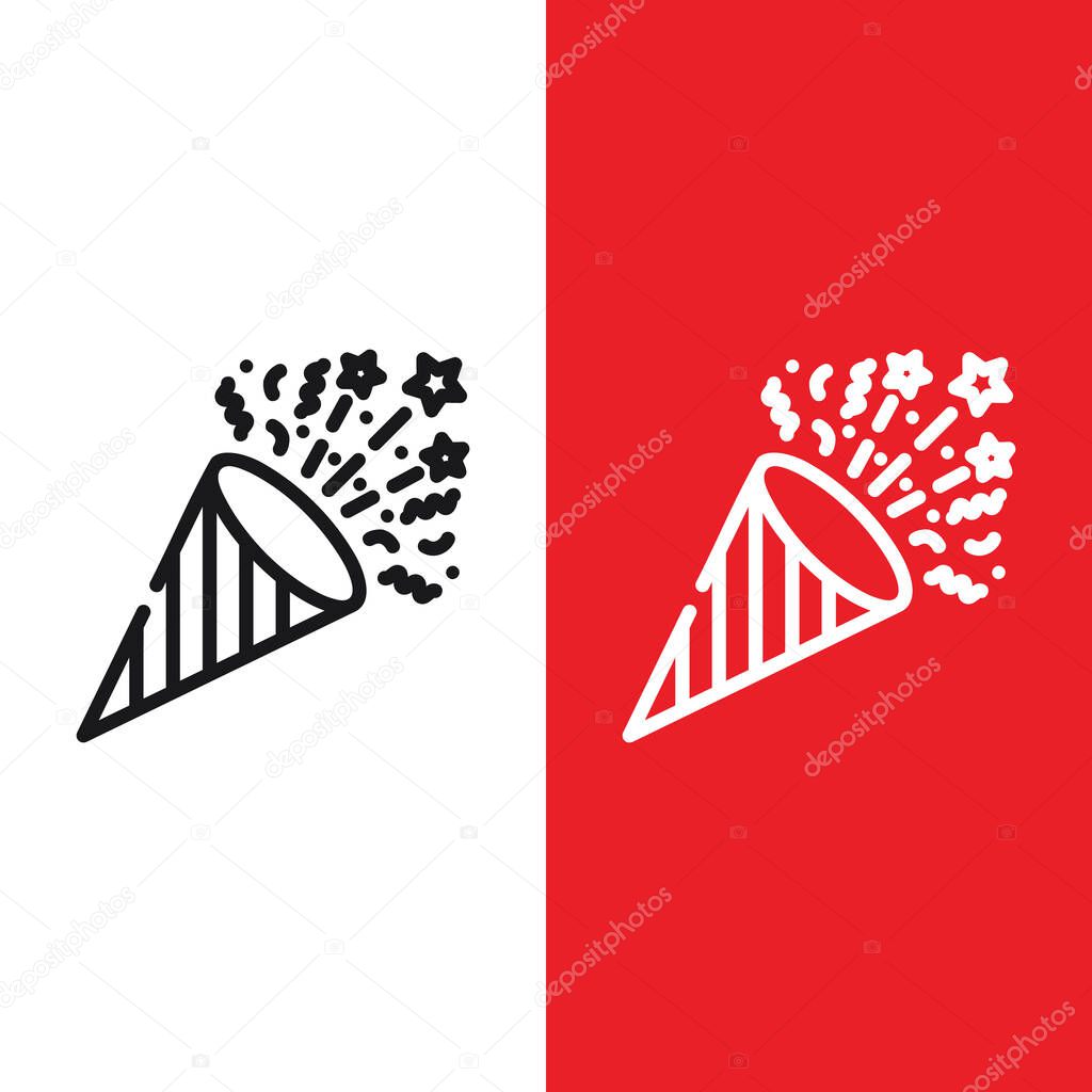 Christmas Xmas Party Popper Vector icon in Outline Style with Confetti or small pieces or streamers of paper usually thrown at celebrations, especially parades and weddings. Vector illustration icons.