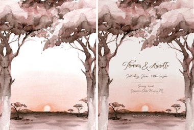 Suluboya manzarası: Afrika 'nın çöl gündoğumu. Akasya ağaçlarıyla el boyaması doğa manzarası. Düğün davetiyesi için çok güzel bir safari sahnesi..