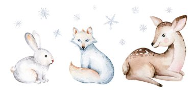 polar arctic animals watercolor collection. snowy owl. reindeer and polar bear, arctic fox. Baby penguin, walrus and seal, hare. hand drawn whale.