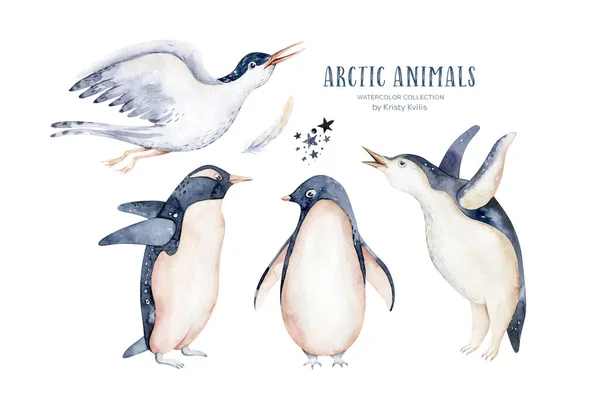 Прекрасна Акварельна Ілюстрація Трьох Пінгвінів Рука Намалювала Зображення Антарктичних Птахів — стокове фото