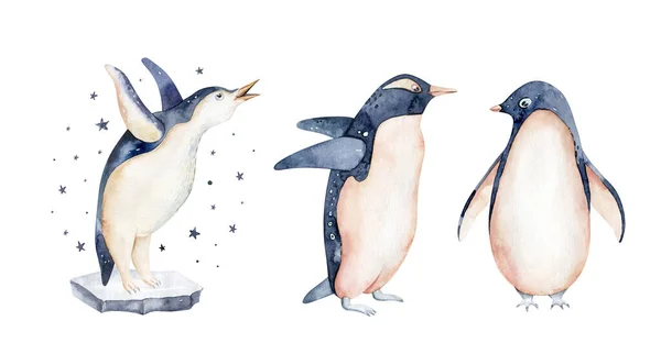 Beautiful Watercolor Illustration Three Penguins Hand Drawn Image Antarctic Birds — Stock Photo, Image