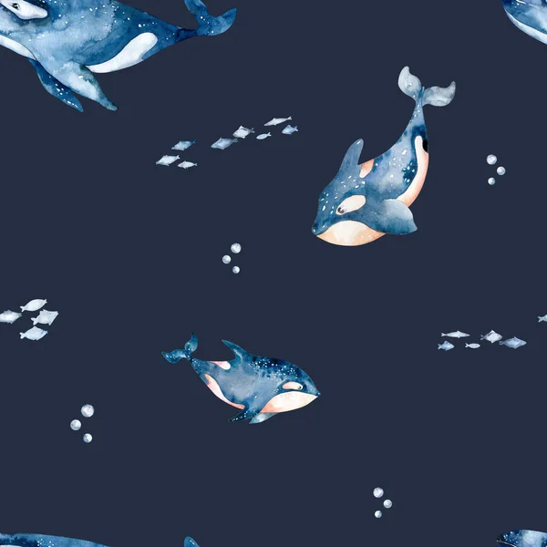 Watercolor Whales Seamless Pattern Hand Drawn Cute Illustration Whales Perfect — Foto Stock