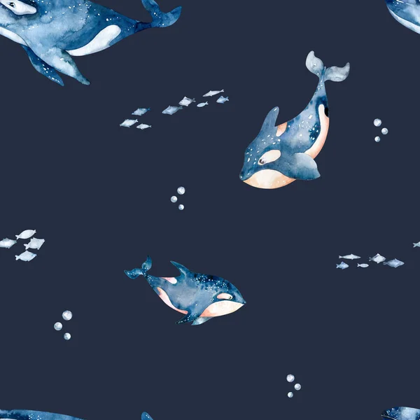 Watercolor whales seamless pattern . Hand drawn cute illustration with whales. Perfect for wrapping paper, wallpapers,prints and textile