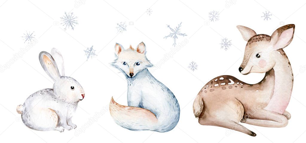 polar arctic animals watercolor collection. snowy owl. reindeer and polar bear, arctic fox. Baby penguin, walrus and seal, hare. hand drawn whale.