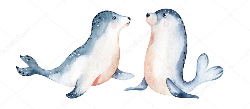 Set of watercolor illustrations of a seal with a baby seals isolated on a white background. Arctic water world