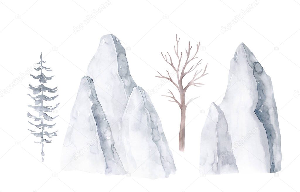 Winter arctic landscape set creator iceberg, ice, set of mountains and fur tree, pine tree tree collection