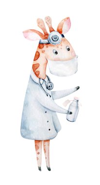 Sevimli hayvan doktoru, haplar, ambulans, maske, bakteri, virüsler, koronavirüs. Suluboya el çizimi erkek ve kız doktor seti.