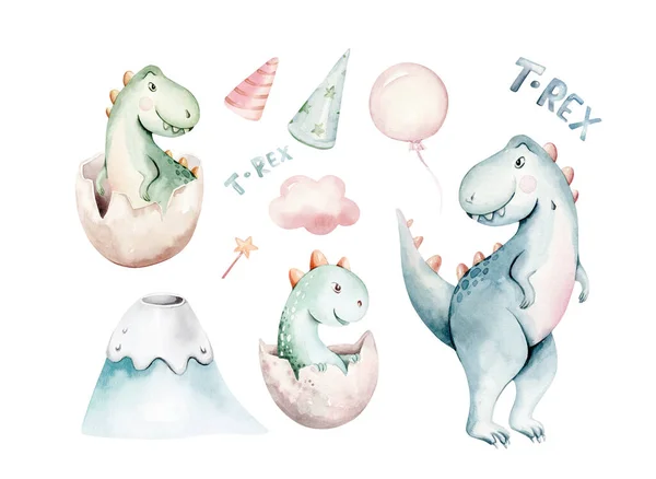 Acquerello Carino Dino Set Dinosauri Isolato Sfondo Bianco Illustrazione Disegnata — Foto Stock