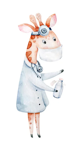 Lindo Médico Animal Dibujos Animados Pastillas Ambulancia Máscara Bacterias Virus —  Fotos de Stock