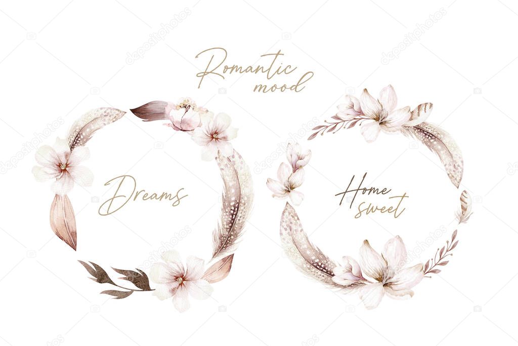 Set of watercolor vintage floral bouquets. Boho spring flowers and leaf frame isolated on white background: succulent, branches, leaves, feathers, berries, peony, rose. Hand painted natural design
