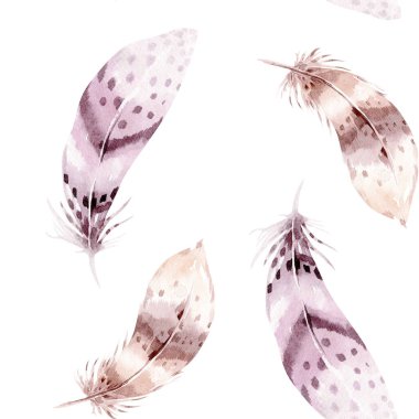 Suluboya kuşların tüyleri bohem desenli. Elle çizilmiş tüyleri olan kusursuz bir doku. Tasarımın için illüstrasyon. Parlak renkler