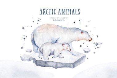 Watercolor animals illustrations. Cute wild animal. Polar Bears silhouette isolated on a white background. Sketch art. Save the Arctic.