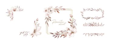 Suluboya eski çiçek buketleri seti. Boho bahar çiçekleri ve yaprak çerçeve beyaz arka planda izole: sulu, dallar, yapraklar, tüyler, böğürtlen, şakayık, gül. Elle boyanmış doğal tasarım