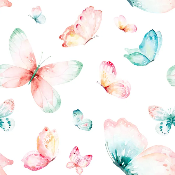Akvarell Färgglada Fjärilar Isolerade Vit Bakgrund Blå Gul Rosa Och — Stockfoto